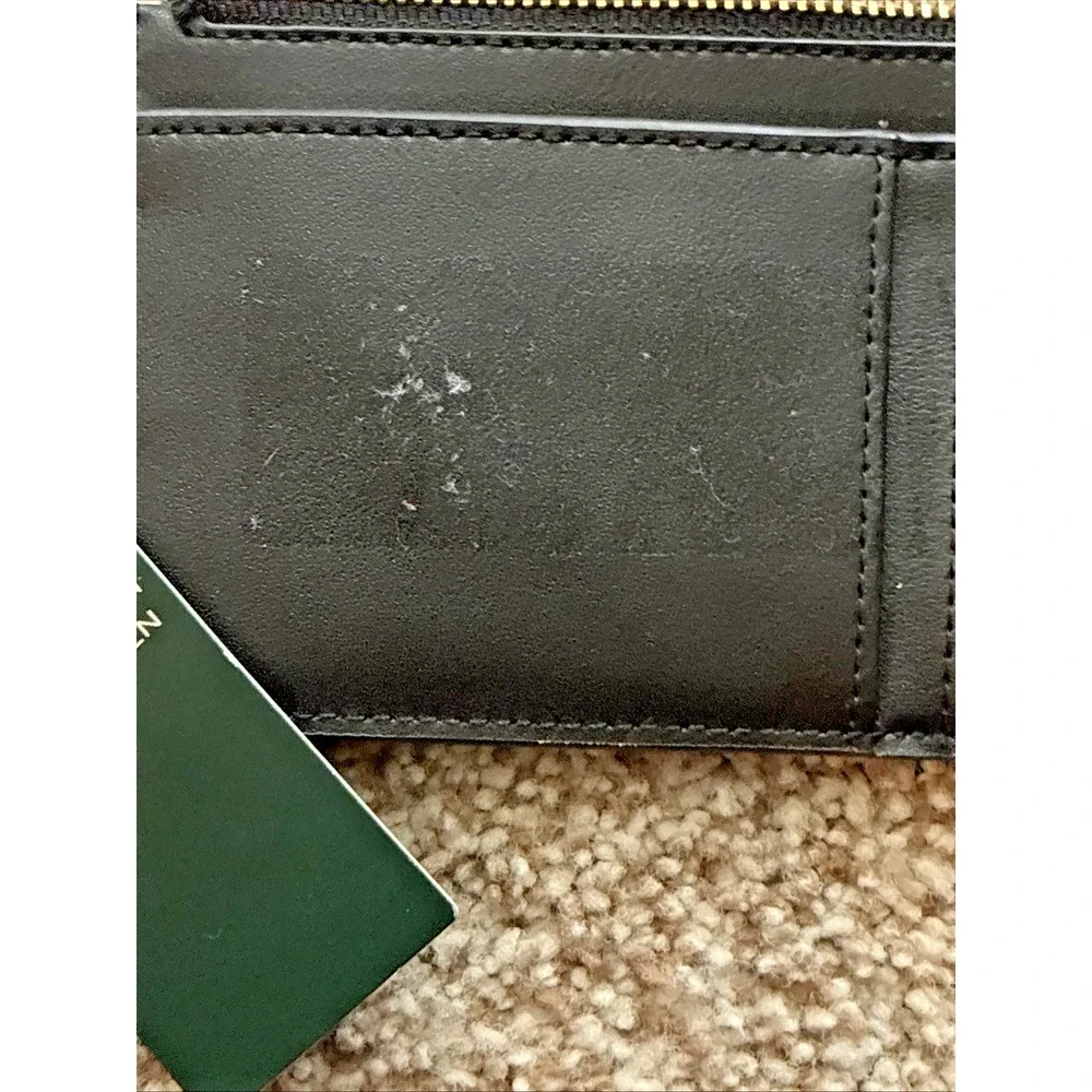 Lauren Ralph Lauren Full-Grain Leather Zip Card Case Keychain BROKEN Zipper
